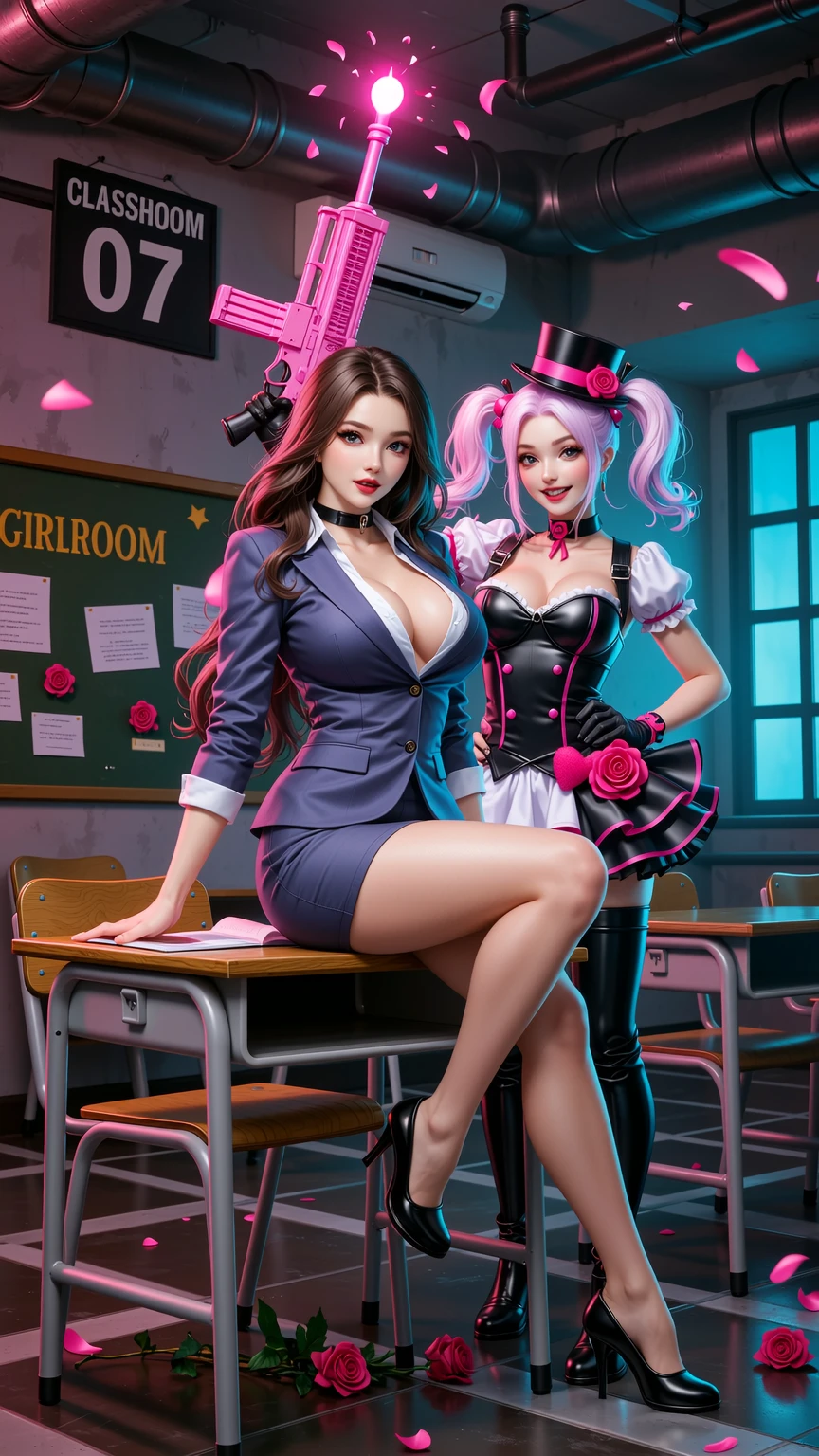 Seductive Businesswoman Posing with Harley Quinn