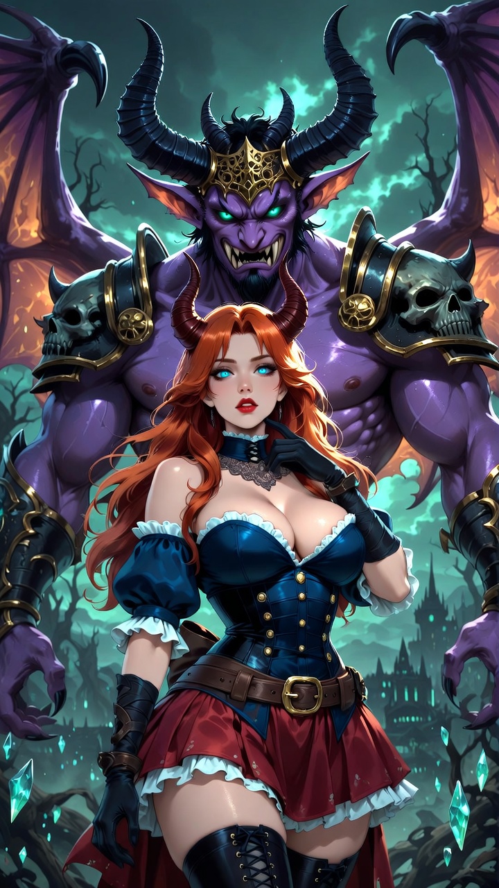 Seductive Red Demoness with Purple Demon Lord