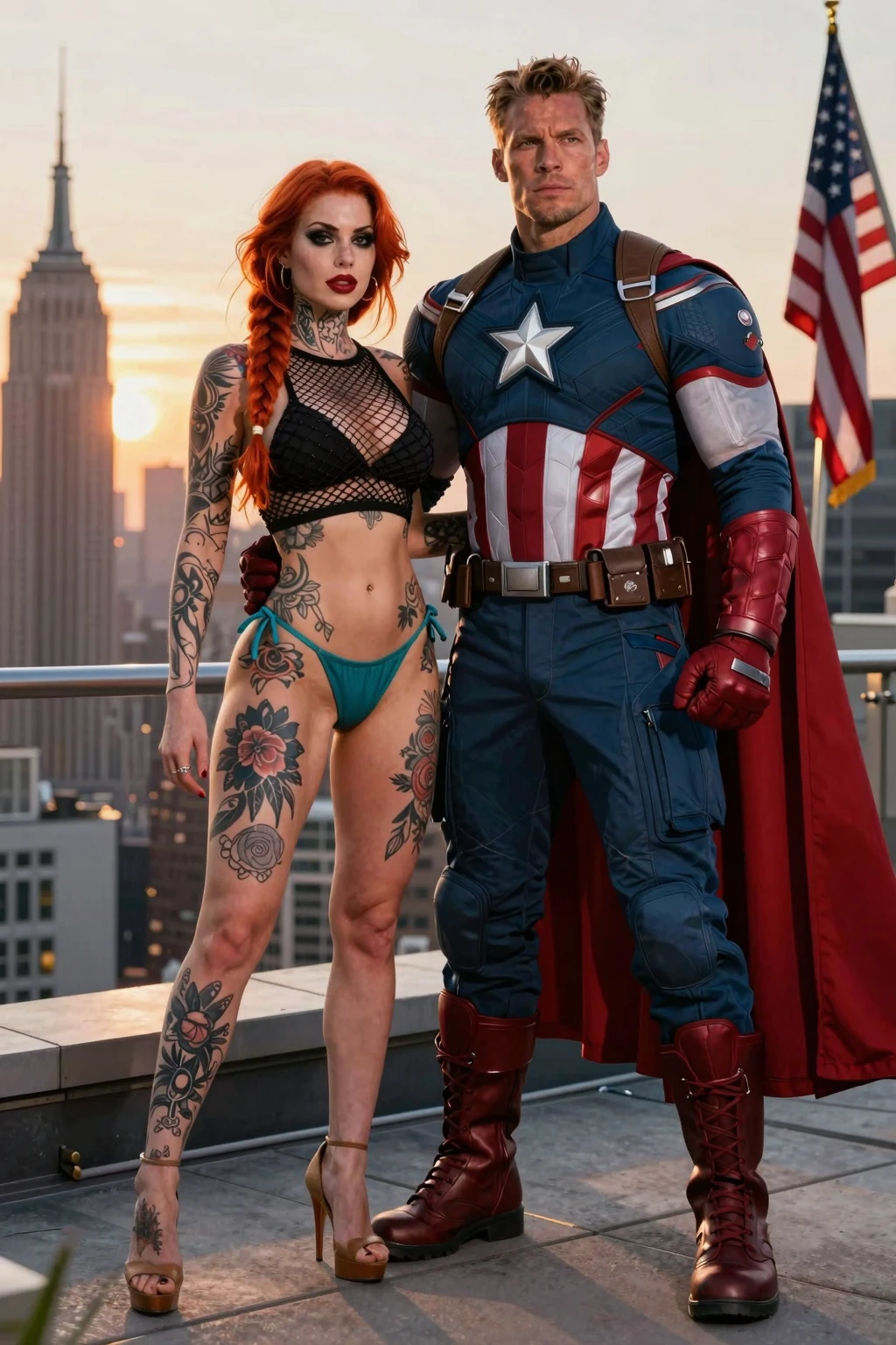 Redhead and Captain America Rooftop Duo