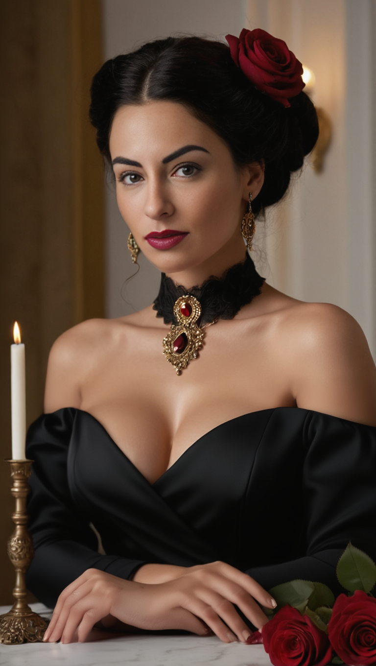 Black Rose Elegance: Victorian Muse in Candlelit Ballroom