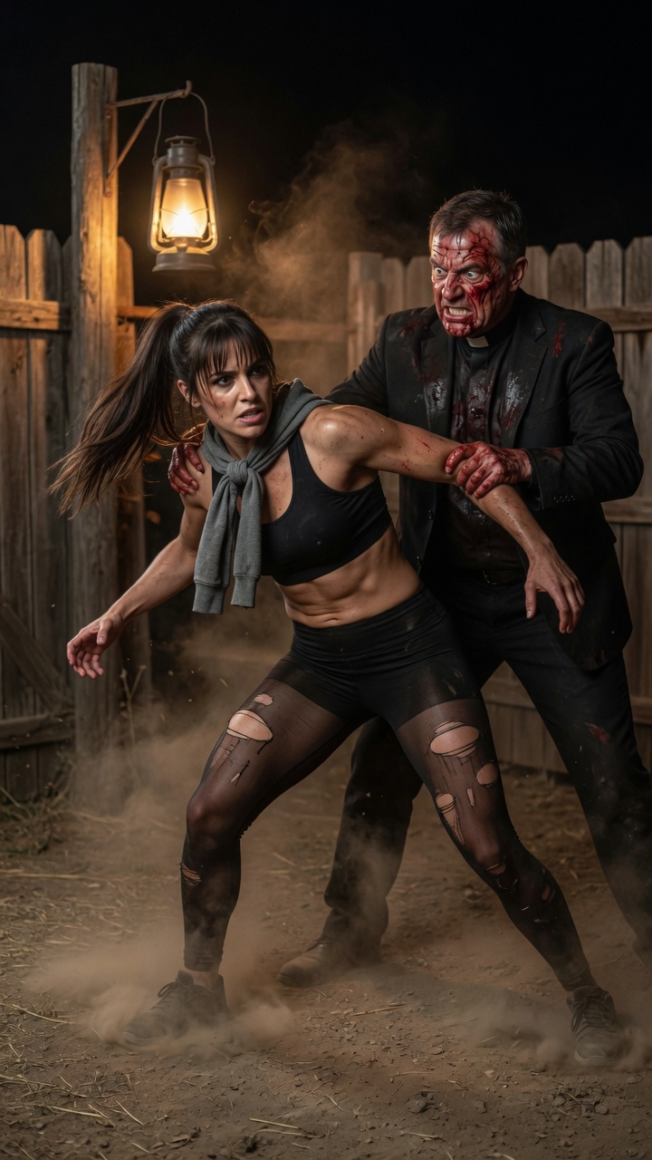 Athletic Woman Attacked by Evil Priest