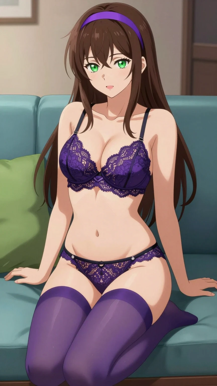 Confident Violet Lace Beauty on Modern Couch