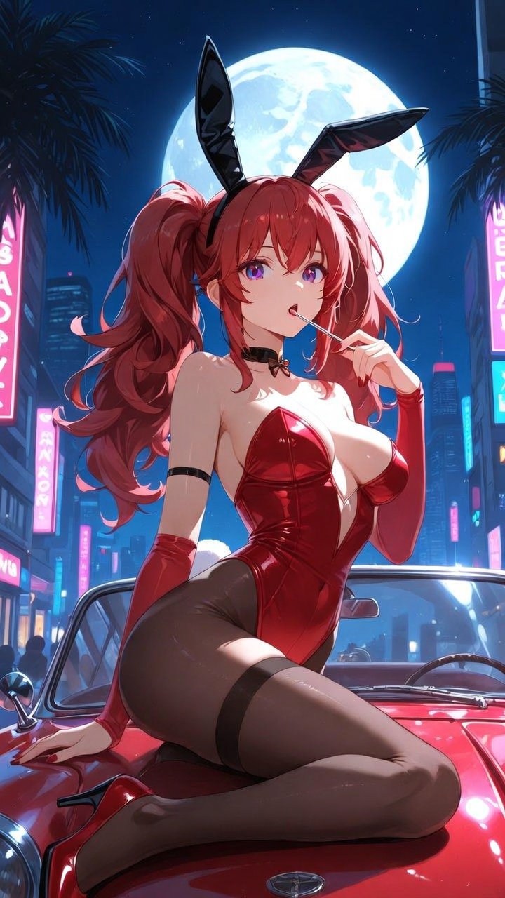 Neon Moon Bunny on Vintage Red Convertible