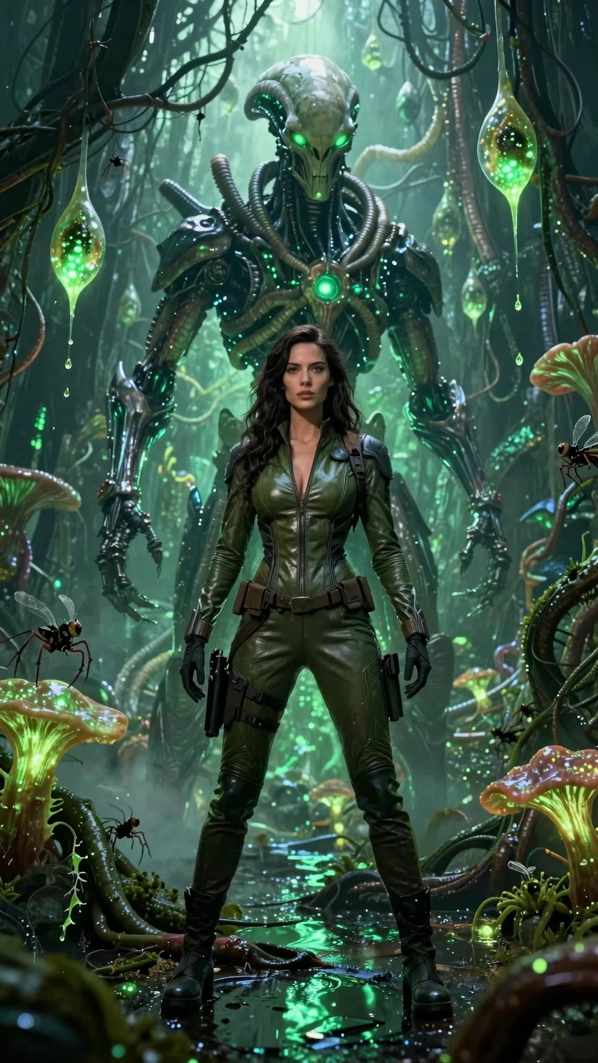 Alien Biomechanical Jungle Encounter With Futuristic Explorer