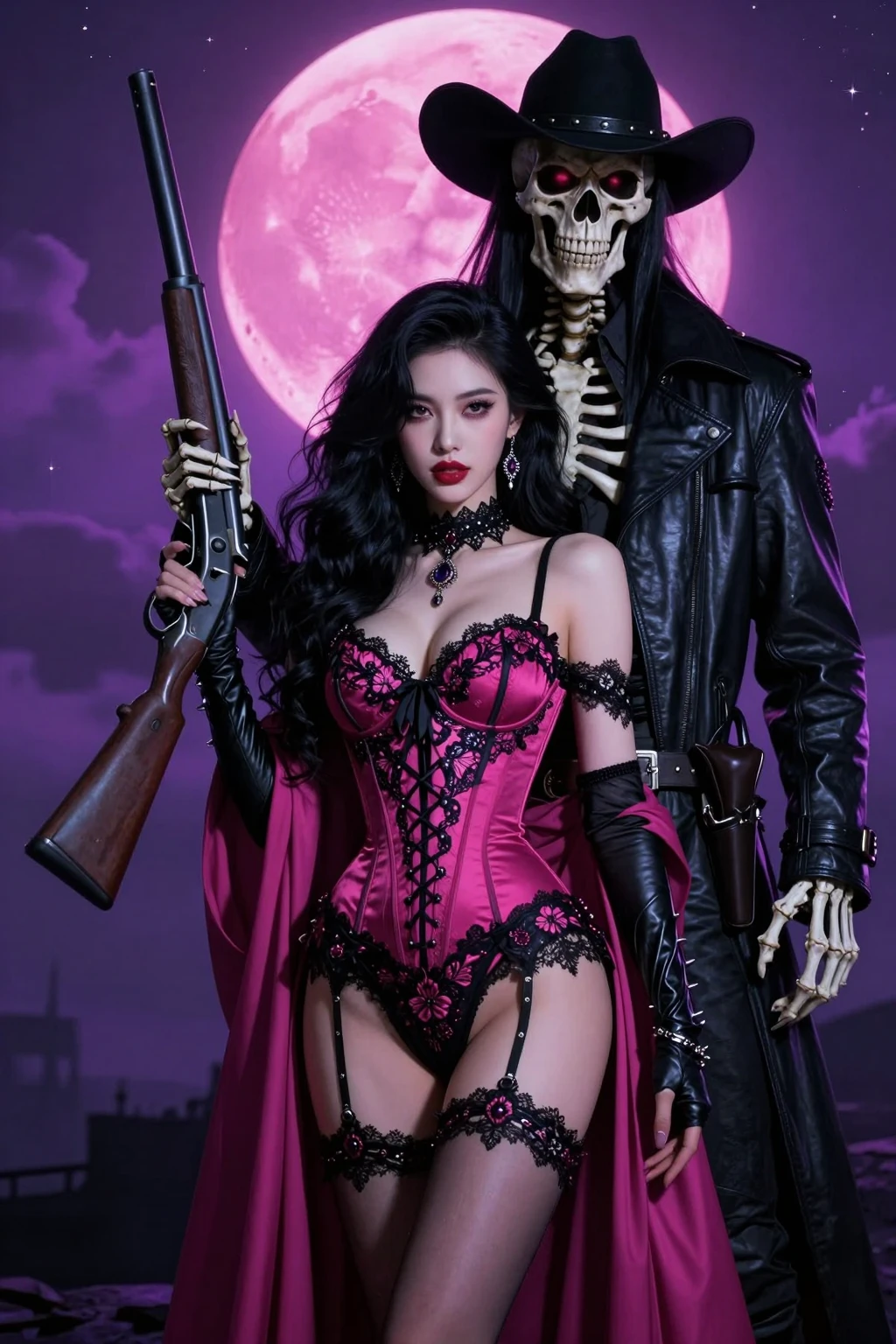 Gothic Vampire Queen and Undead Gunslinger Pink Moon Series