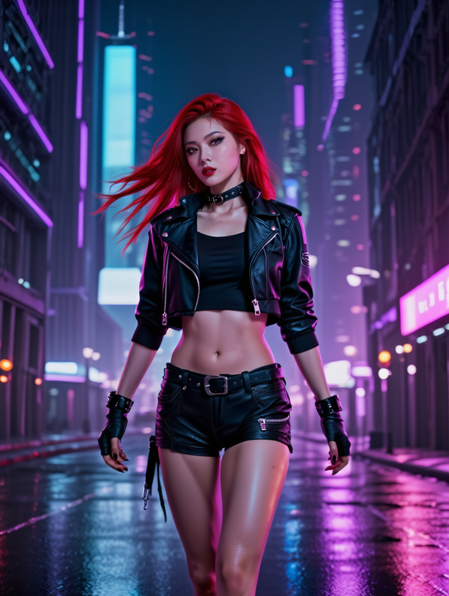 Neon Cyberpunk Femme Fatale in Futuristic City Nights
