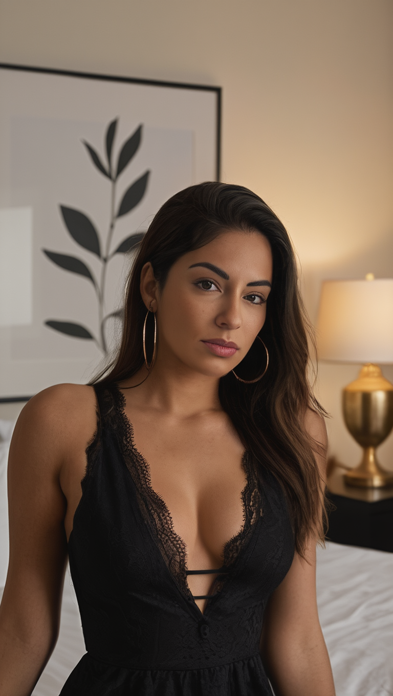 Midnight Bedroom Elegance: Brunette Muse in Soft Hotel Light