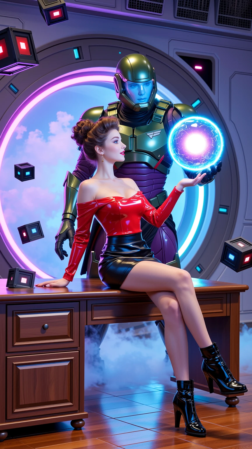 Cosmic Power Encounter in Neon Sci-Fi Chamber