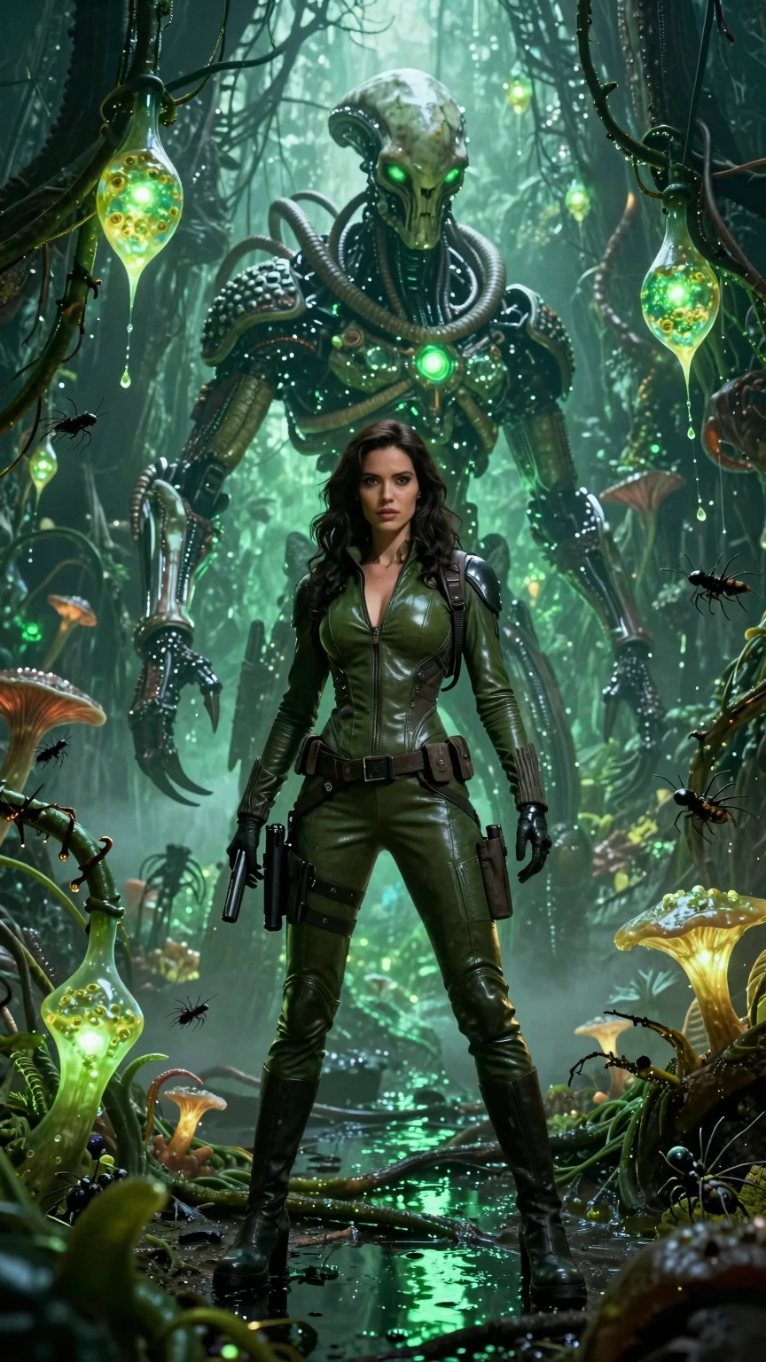 Alien Biomechanical Jungle Encounter With Futuristic Explorer