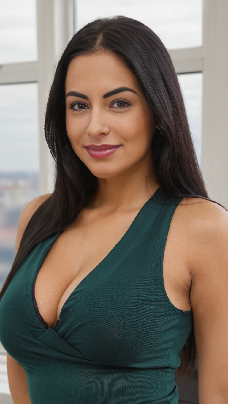 Brunette Office Elegance in Stockings and Beige Skirt