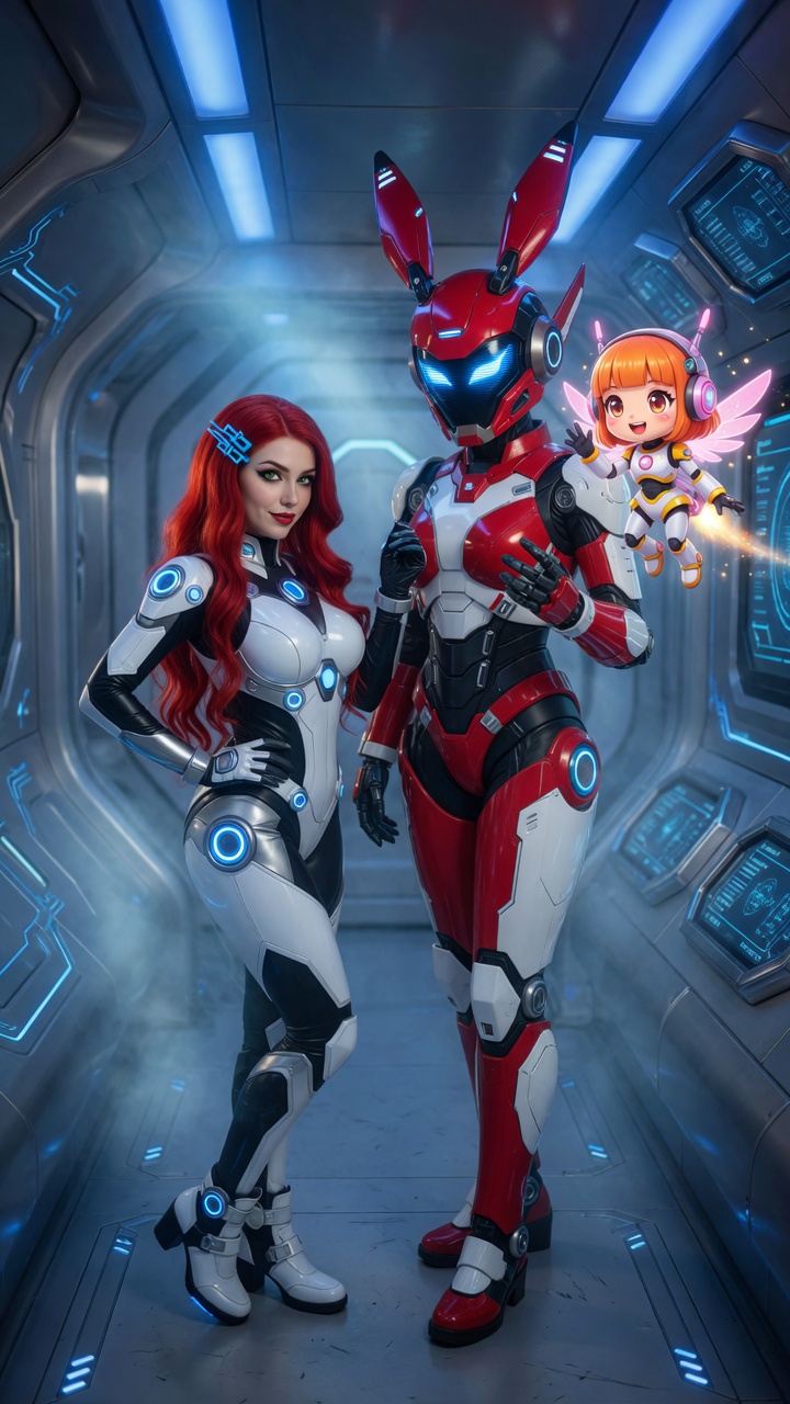 Redhead and Bunny Robot Duo
