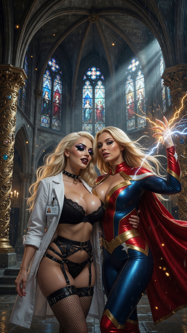 Blonde Superheroine and Lab Seductress Duo