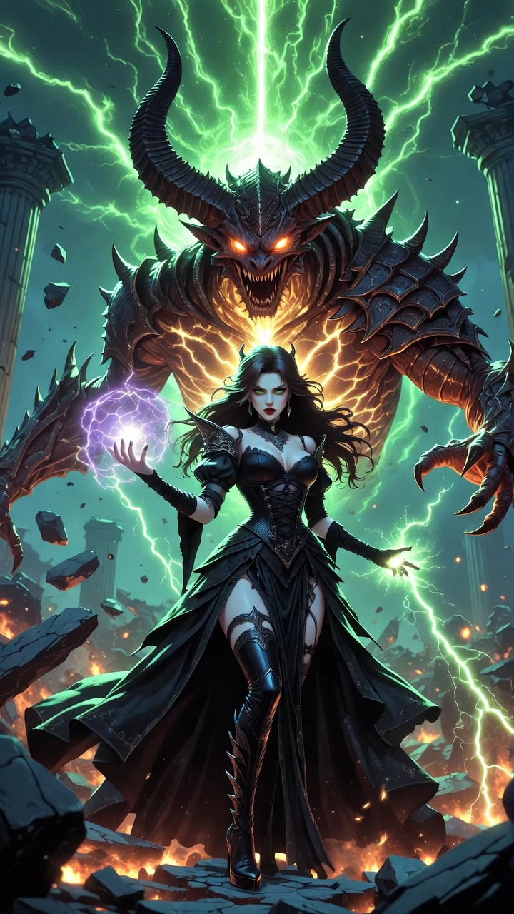 Sorceress Wielding Chaos Before Infernal Colossus