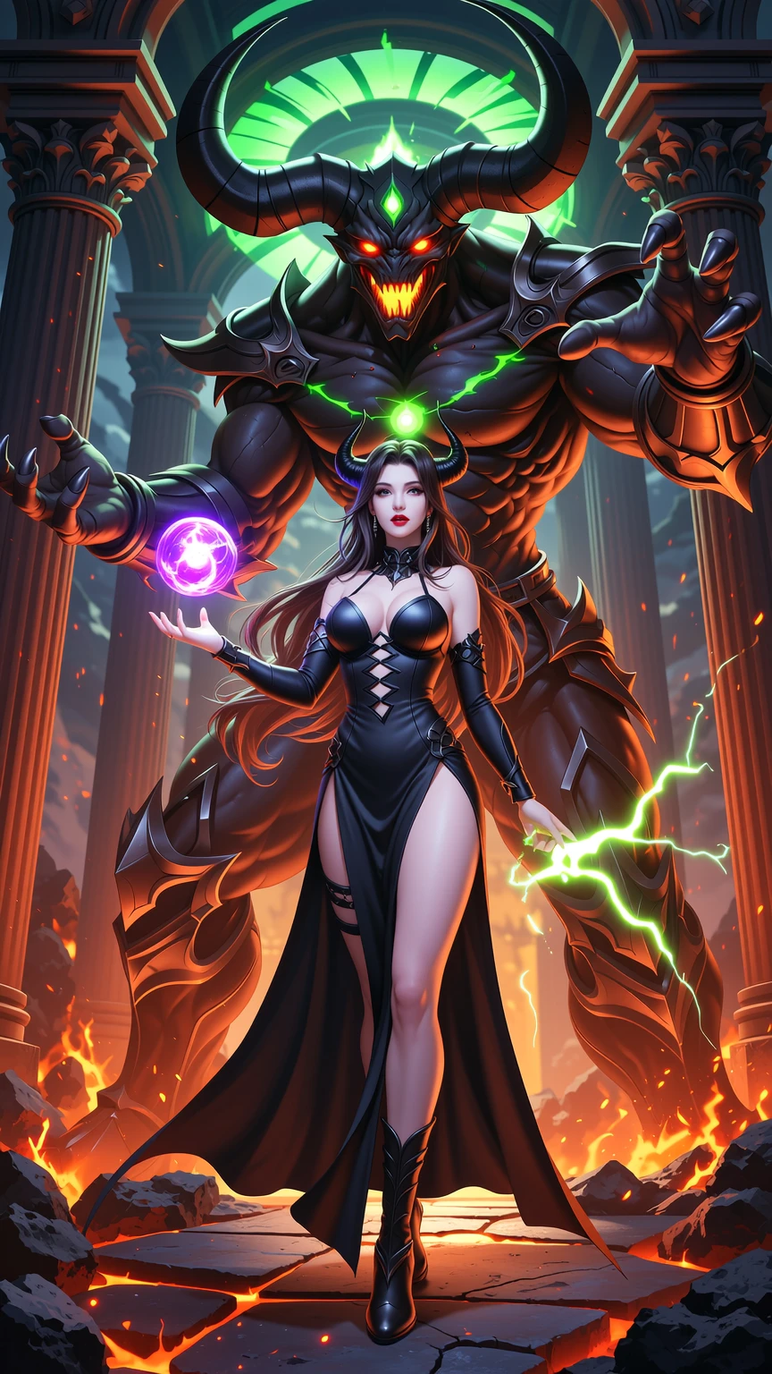 Sorceress Wielding Chaos Before Infernal Colossus