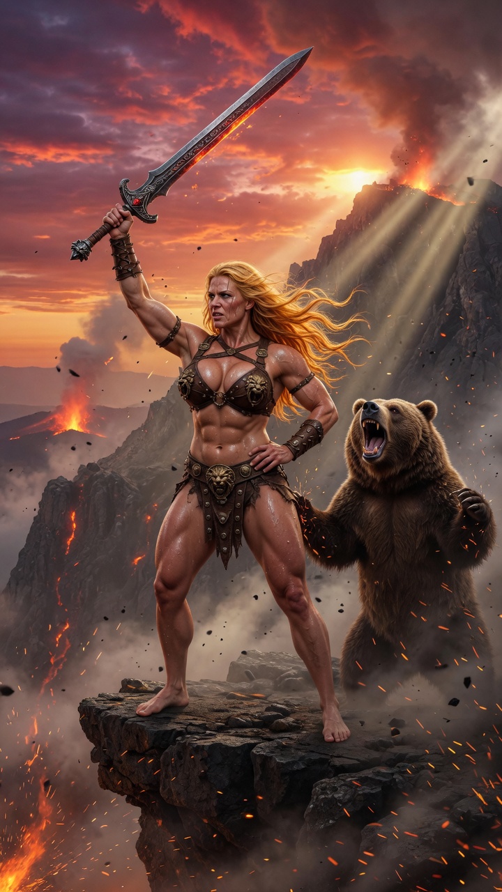 Blonde Barbarian Warrior Faces Roaring Bear at Sunset