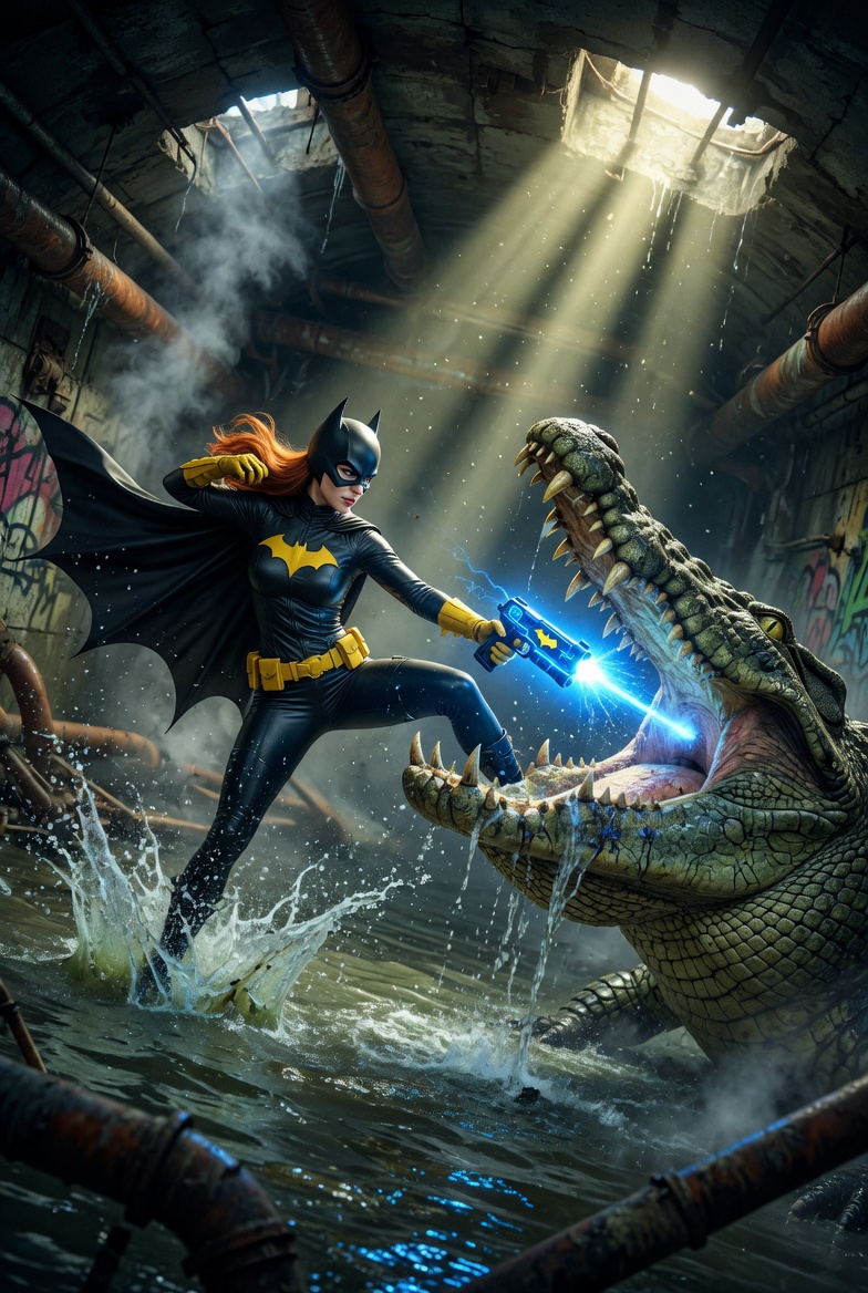 Batgirl vs Giant Crocodile in Sewer