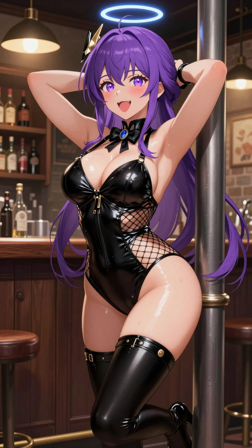 Purple Haired Anime Girl Pole Dancing in Bar