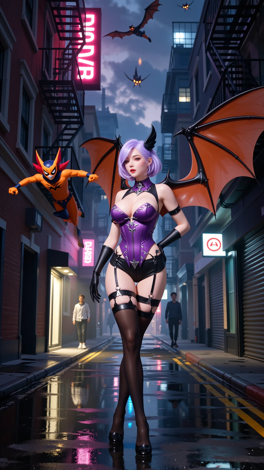 Neon Gothic Alley with Winged Femme Power