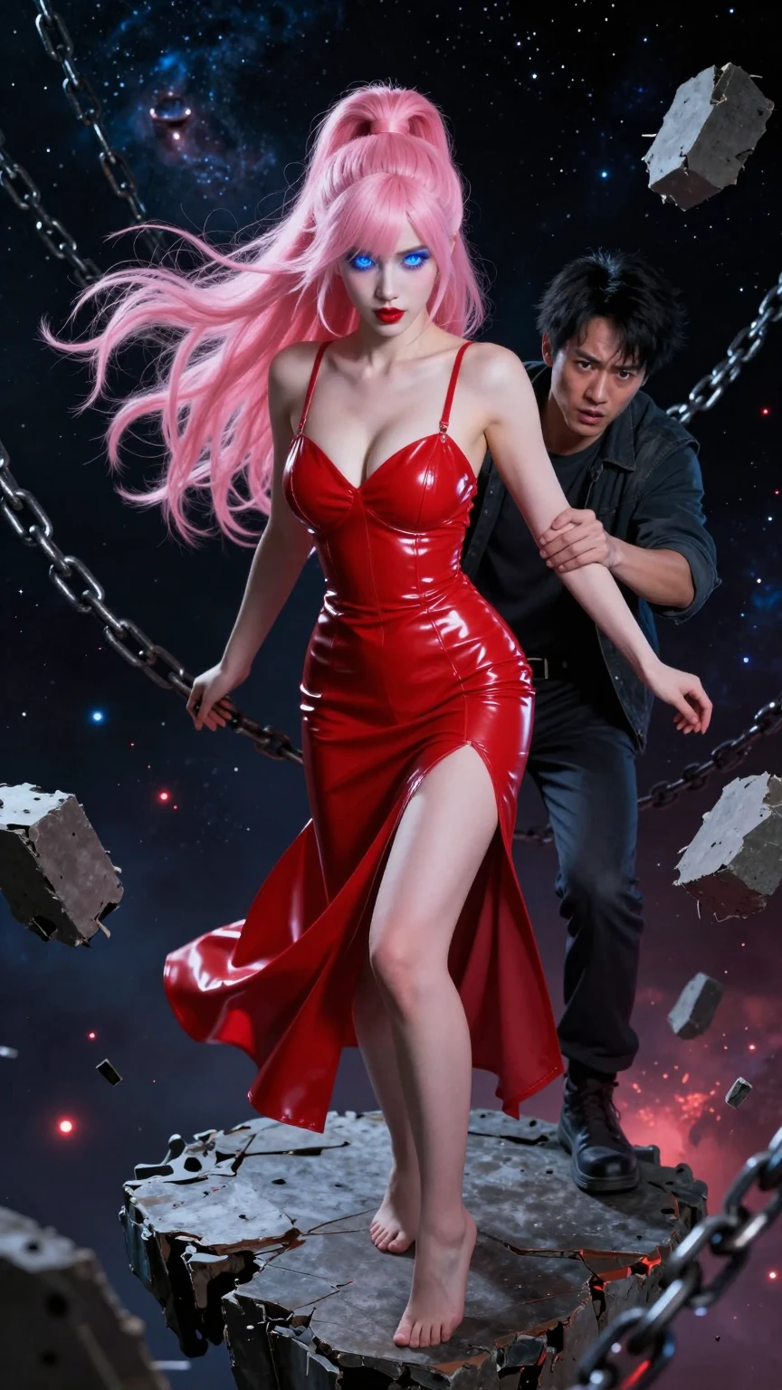 Pink-Haired Beauty in Red Latex Cosmic Peril