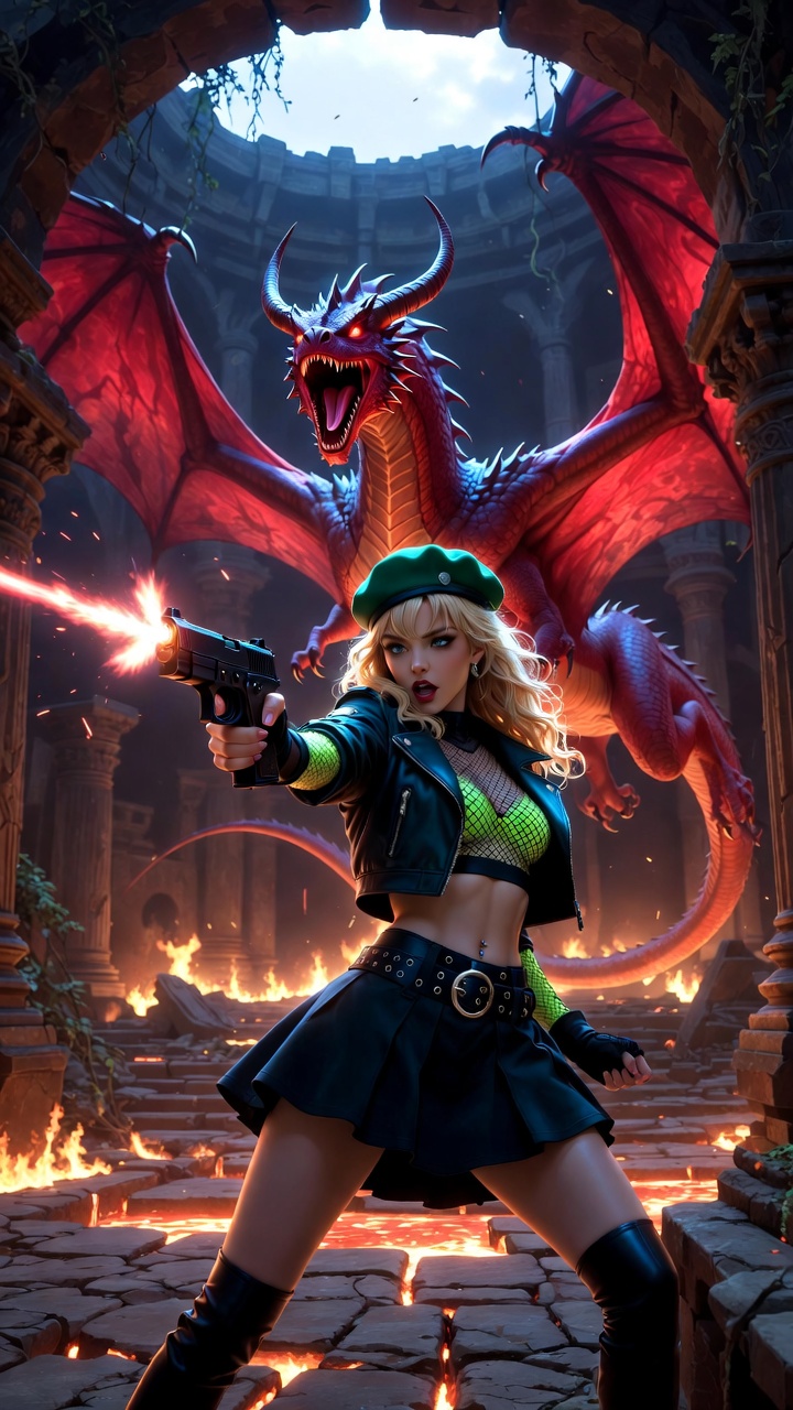 Dragon Hunter in Neon Combat Fantasy Temple