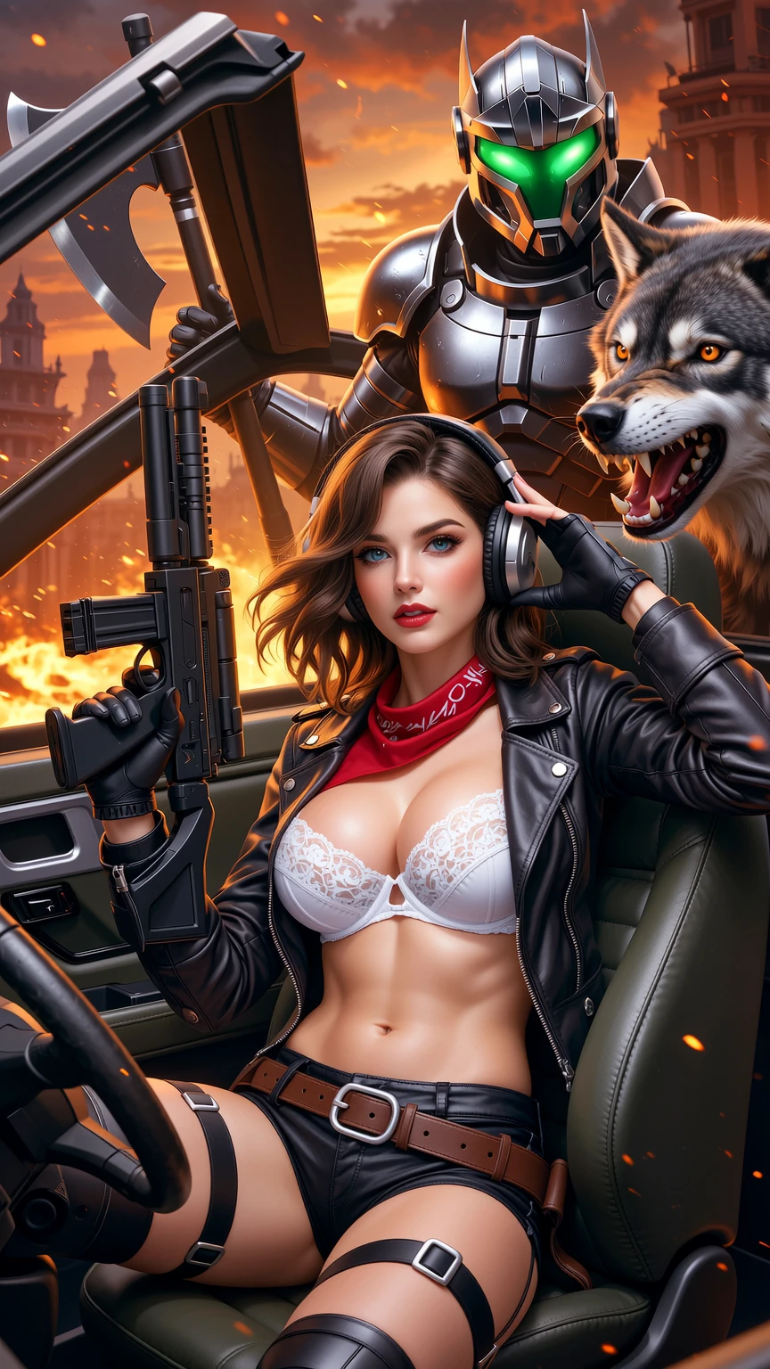 Fierce Brunette Shotgun Driver in Hellfire Wasteland