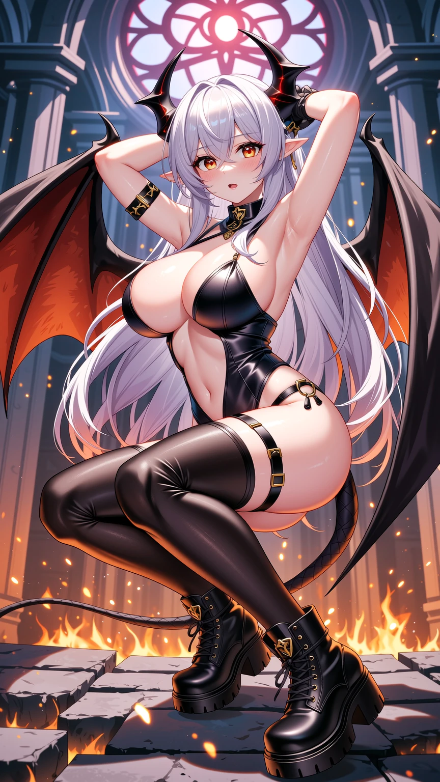 Silver Demoness Posing in Burning Cathedral
