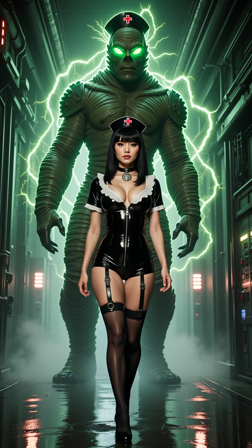 Latex Nurse and Glowing Cyber Mummy Guardian