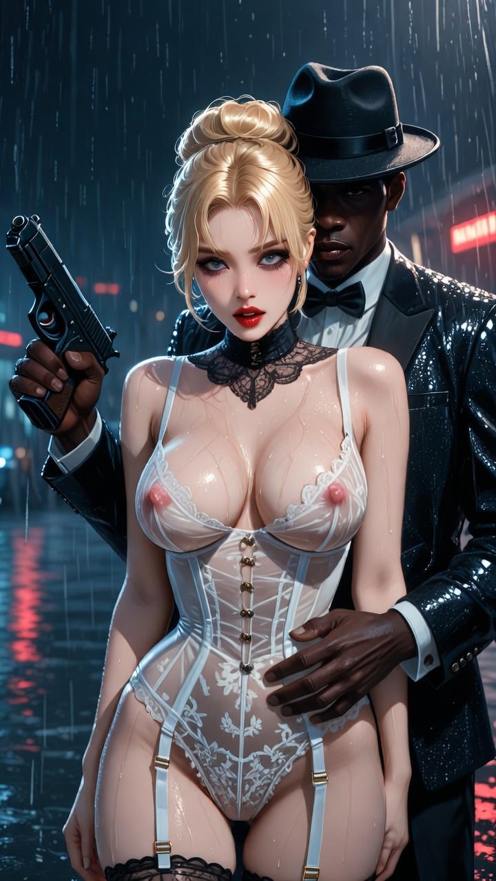 Dangerous Seduction in Neon Rain Gunman and Blonde Siren