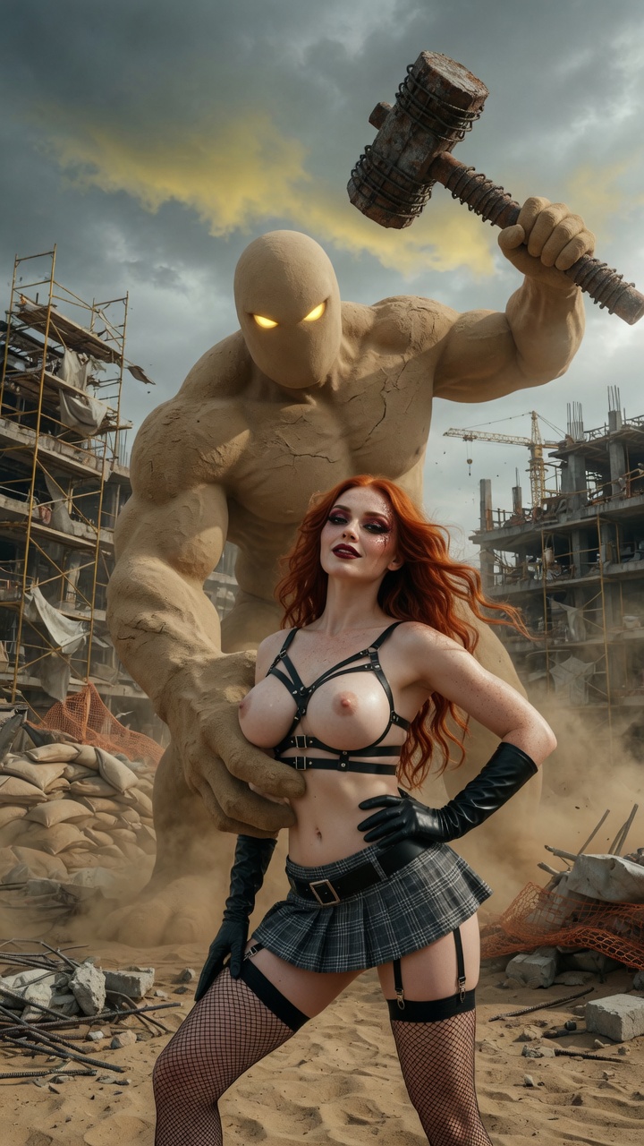 Redhead in Harness with Giant Sand Monster