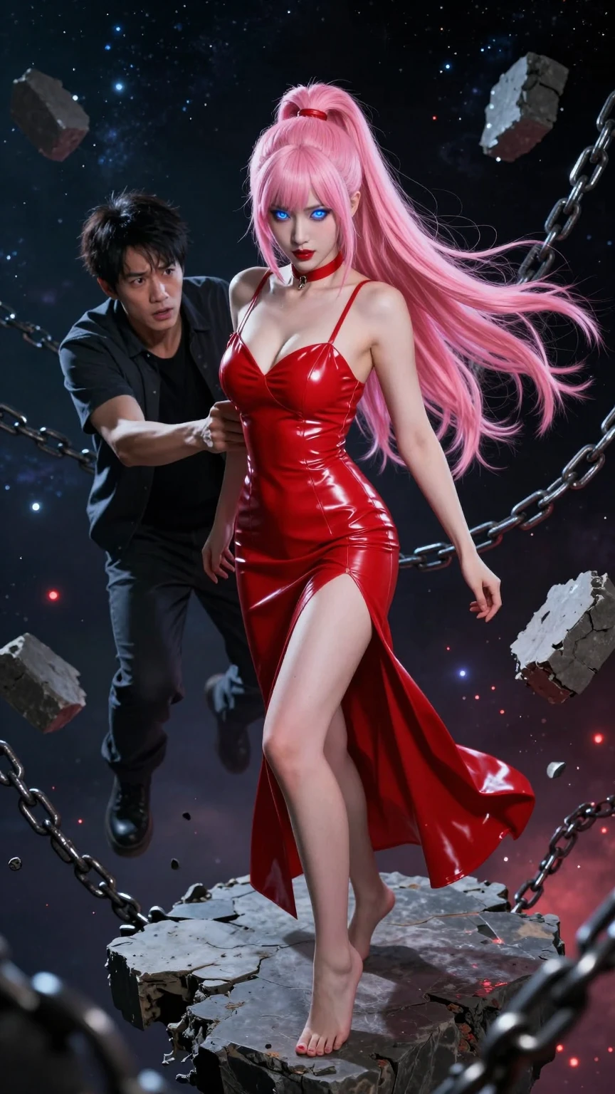 Pink-Haired Beauty in Red Latex Cosmic Peril