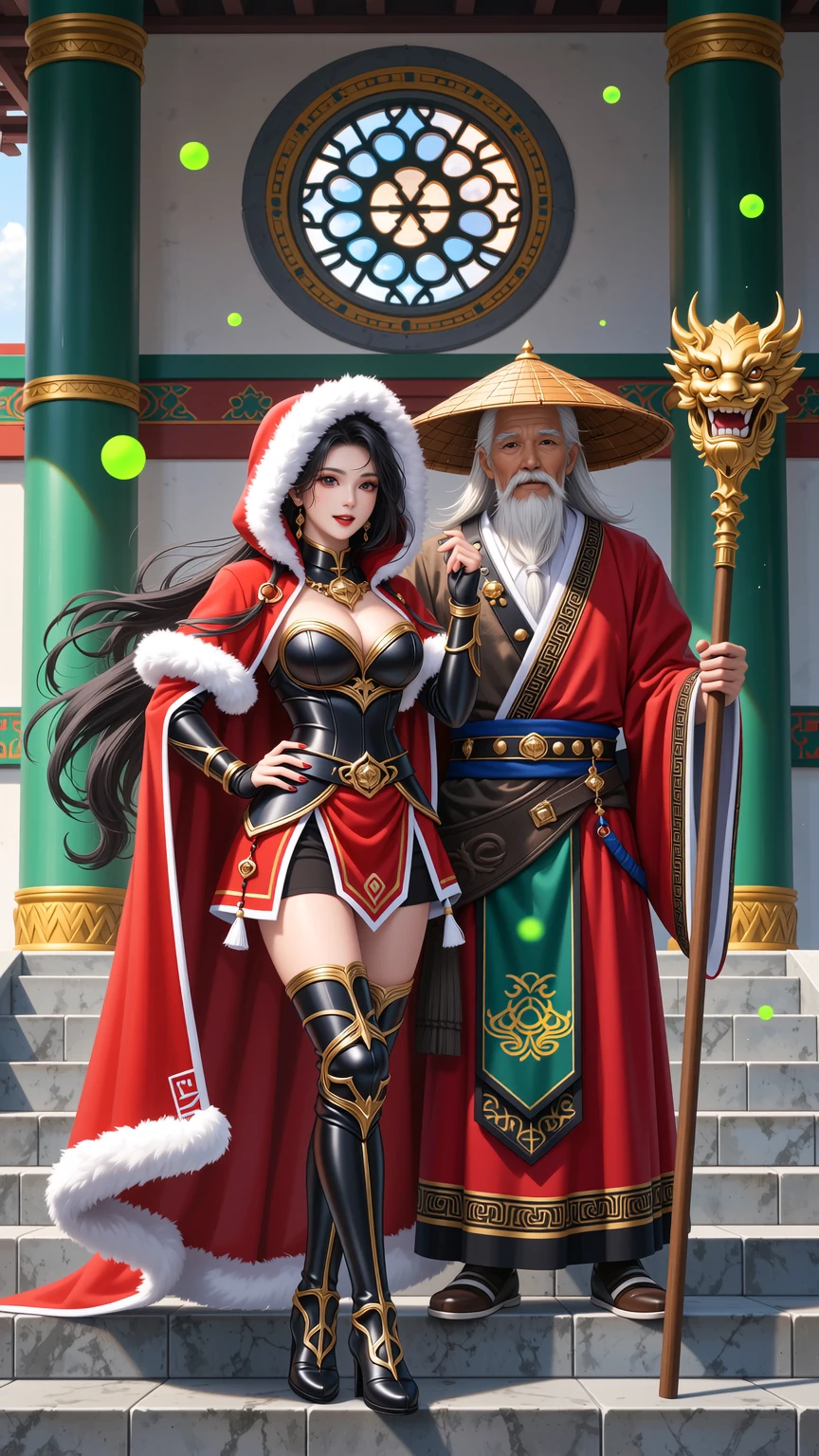 Red Riding Hood Warrior and Asian Sage in Ancient Temple