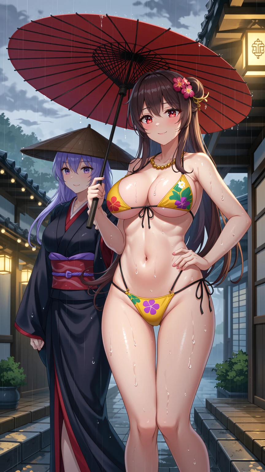 Bikini Beauty in Japanese Rain with Umbrella