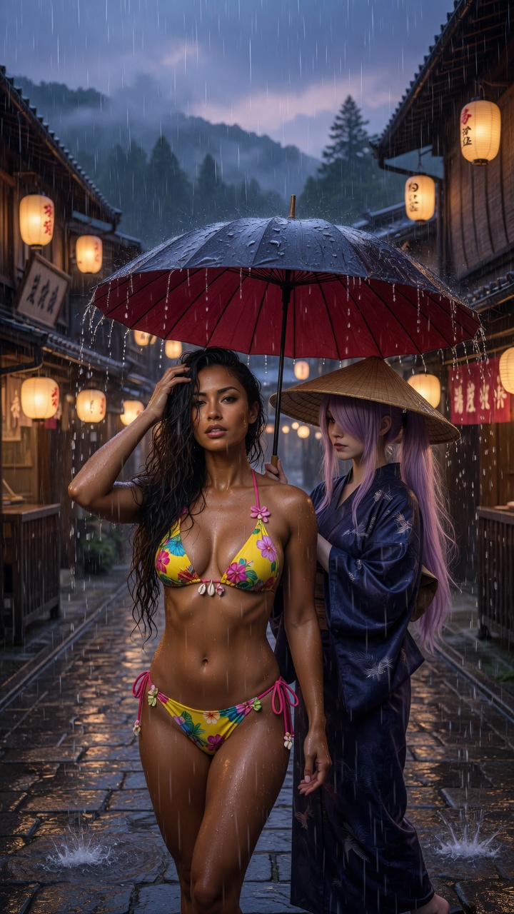 Bikini Beauty in Japanese Rain with Umbrella