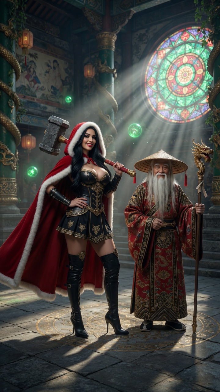 Red Riding Hood Warrior and Asian Sage in Ancient Temple