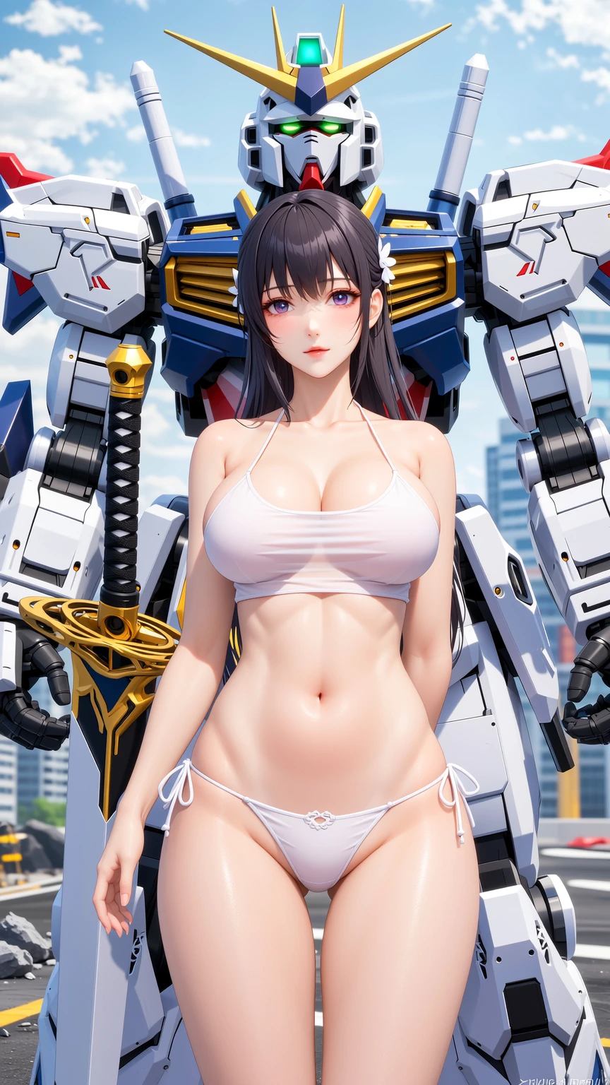 Asian Beauty Posing with Giant Mecha Warrior