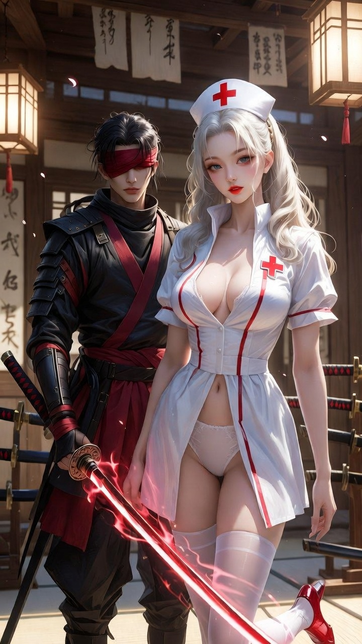 Seductive Nurse and Blindfolded Samurai Guardian