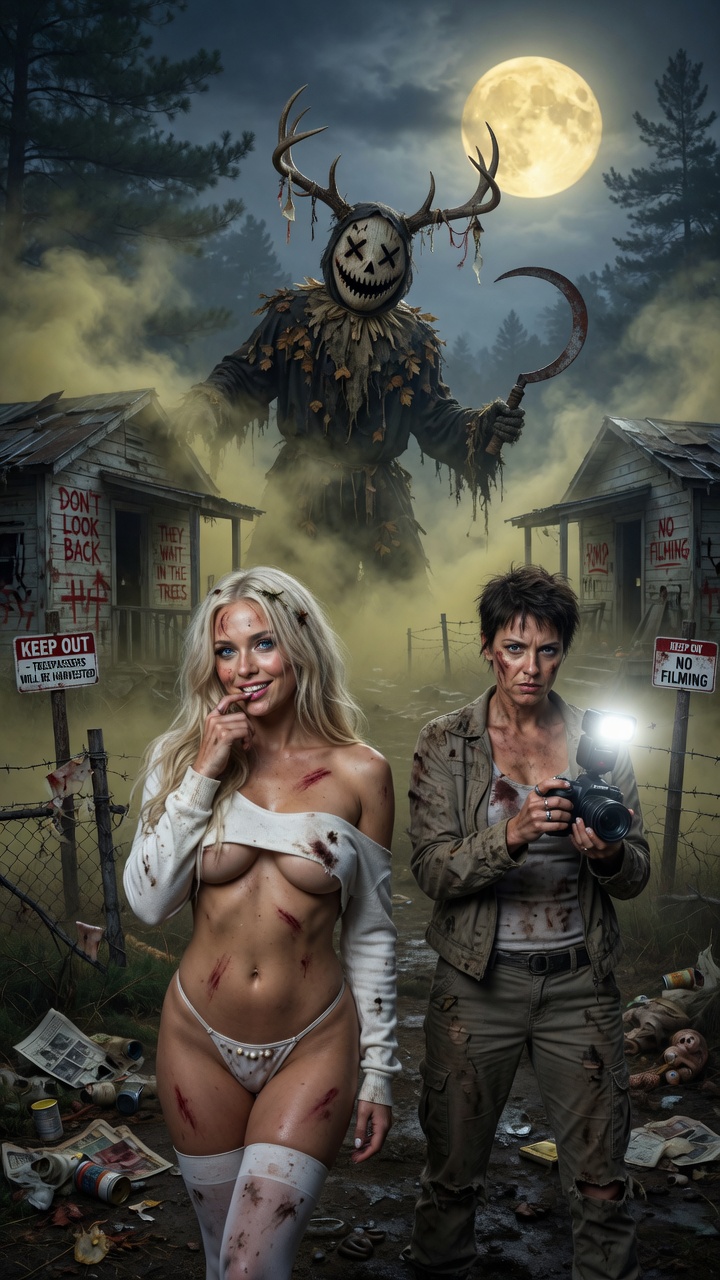 Blonde Horror Babe with Camerawoman in Swamp