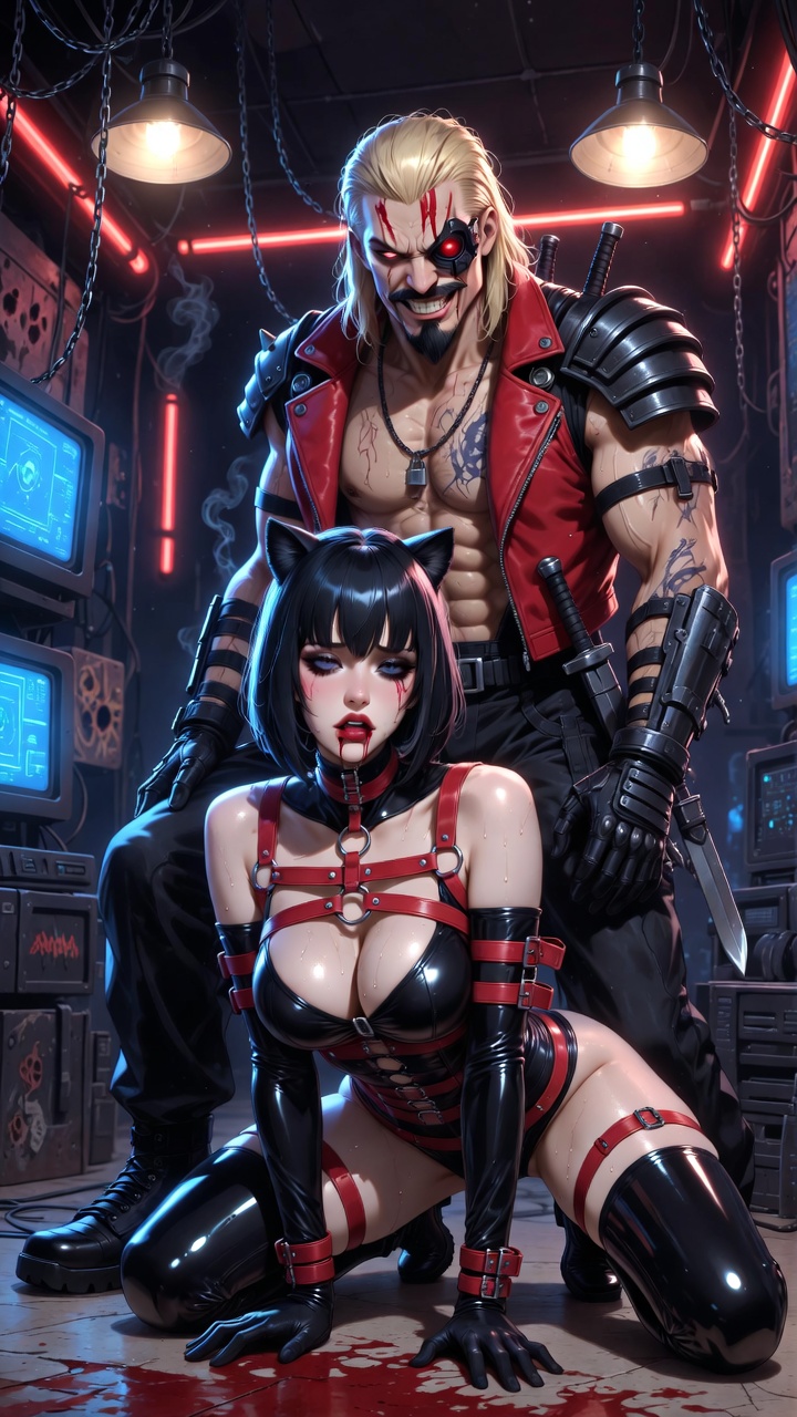 Red Strapped Catgirl and Cyber Mercenary Overlord