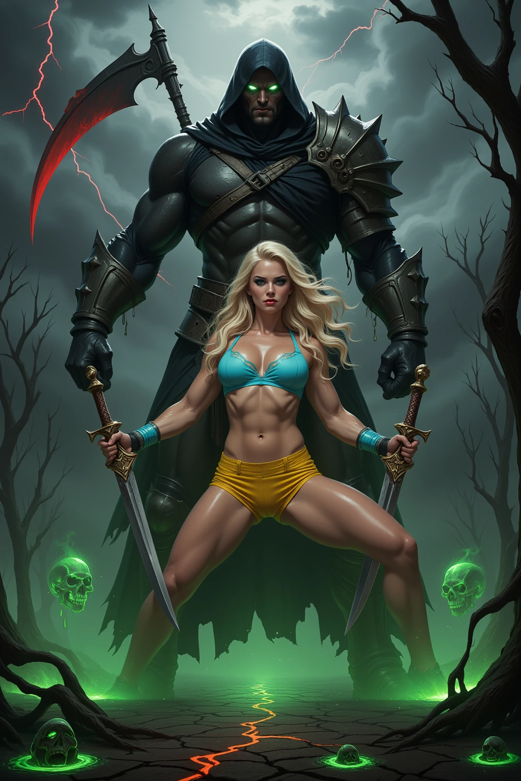 Blonde Warrior Facing Shadow Reaper in Hellscape
