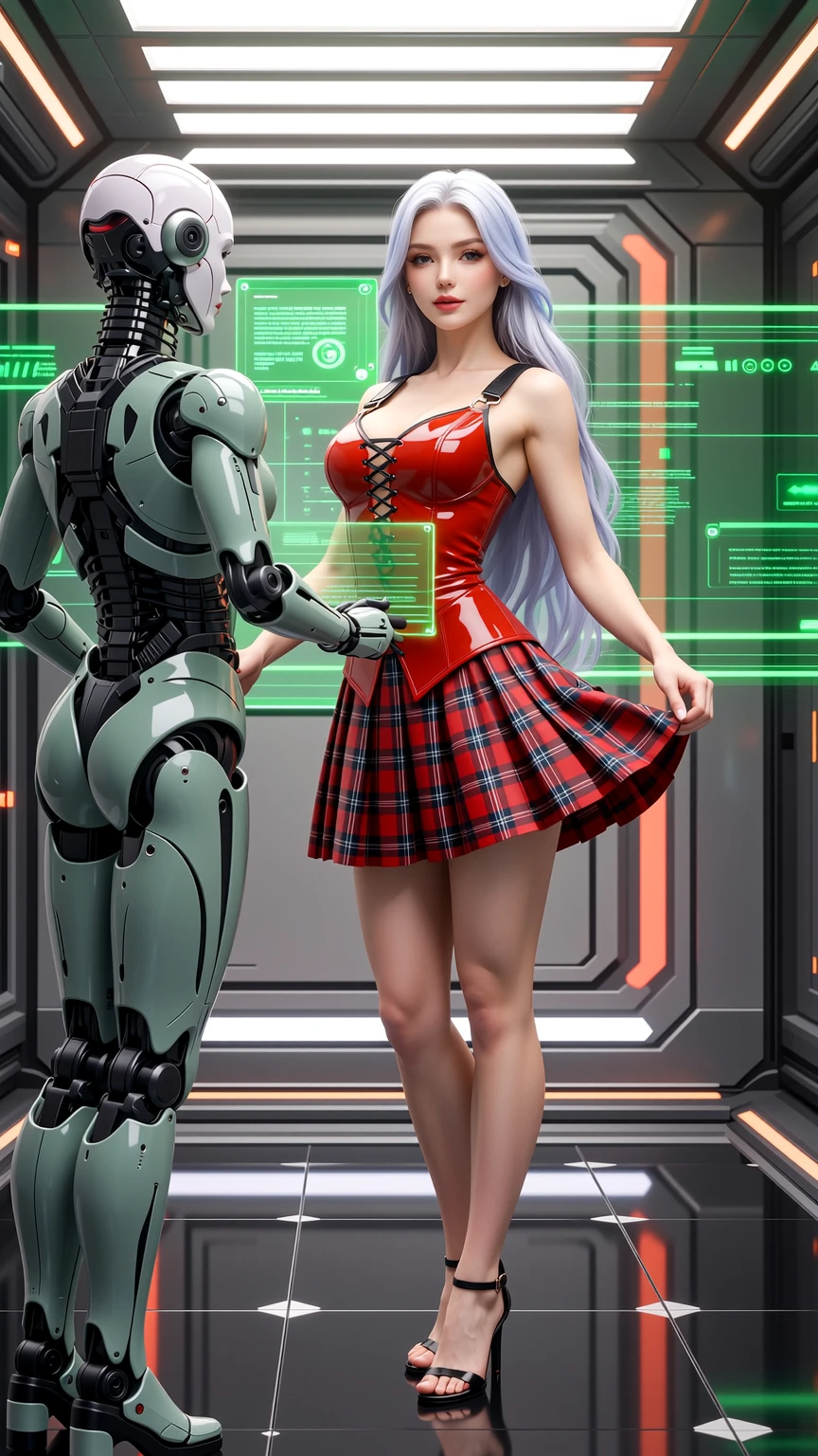 Futuristic AI Encounter in Neon Sci-Fi Laboratory