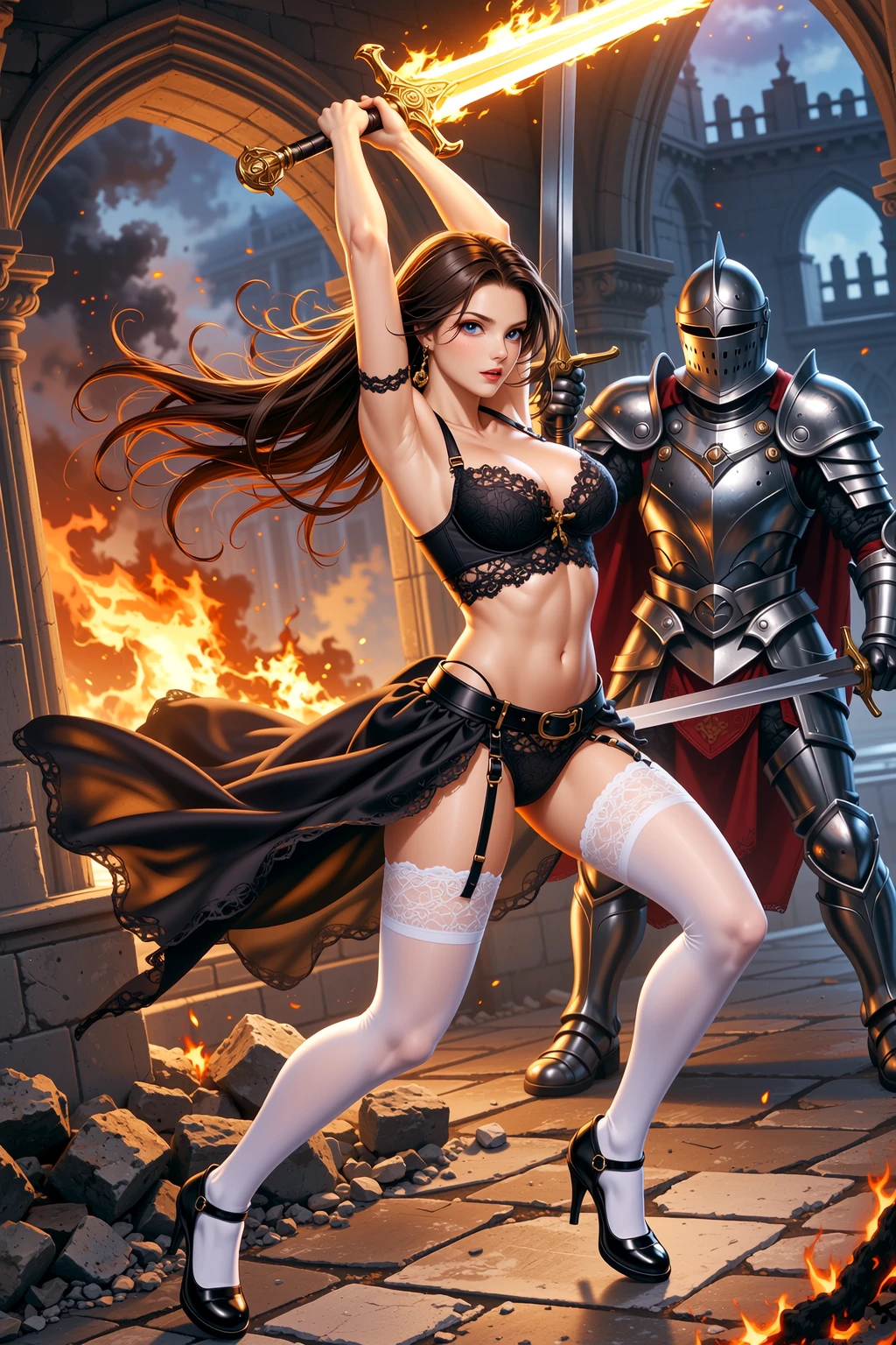 Fierce Lingerie Warrior in Burning Ruins