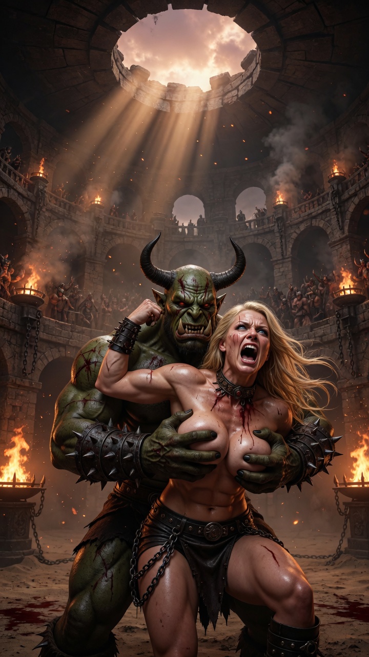 Horned Orc Restrains Screaming Blonde Warrior