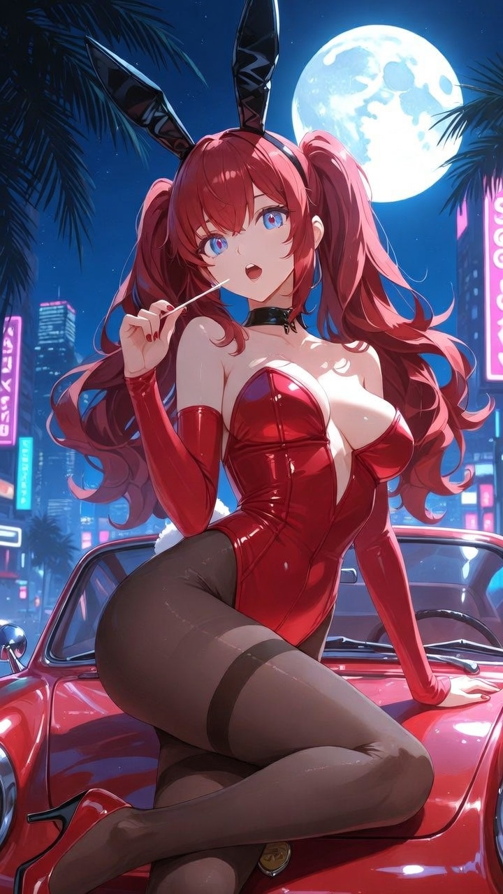 Neon Moon Bunny on Vintage Red Convertible