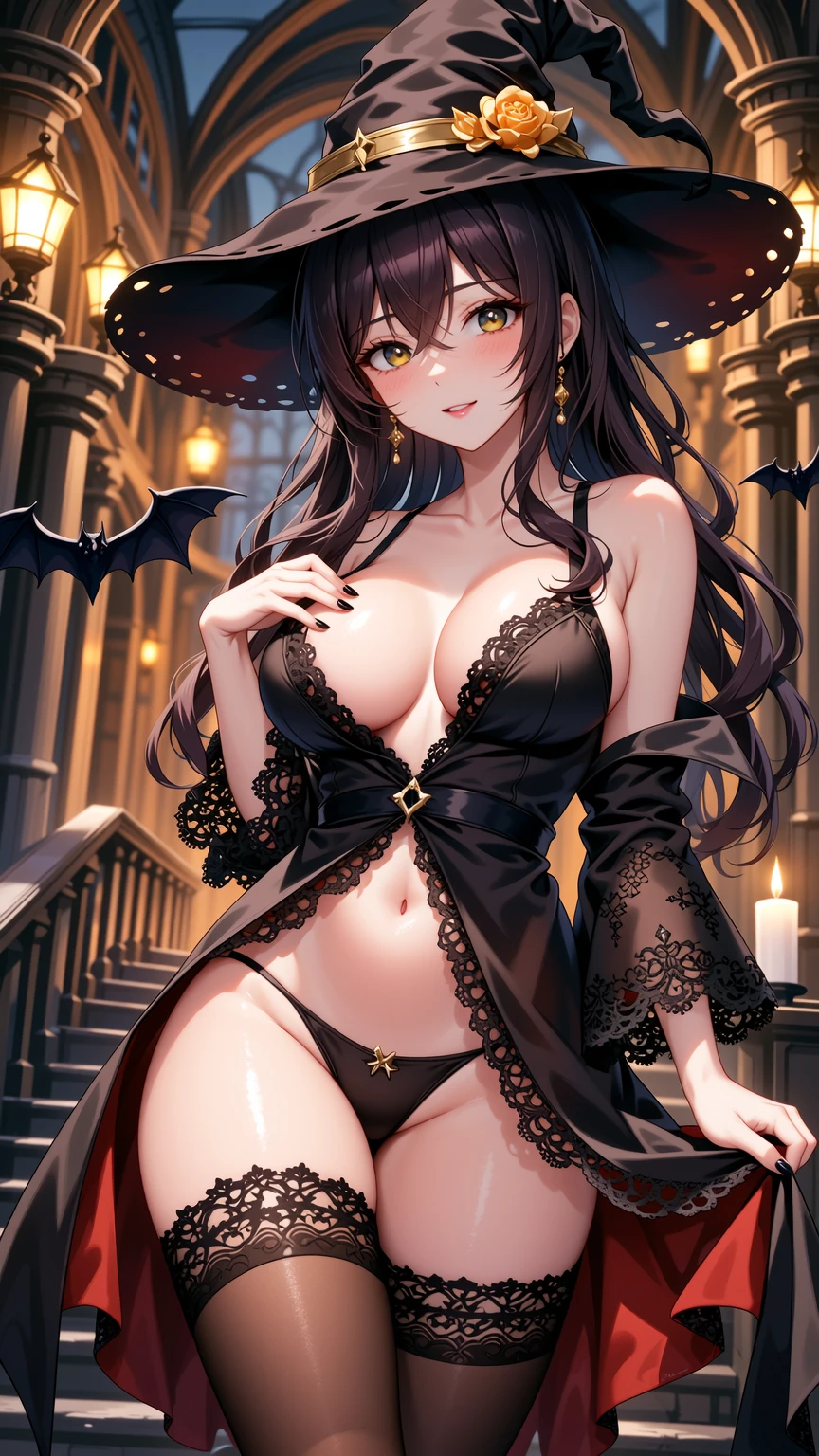 Seductive Witch with Vampire Fangs in Gothic Hall