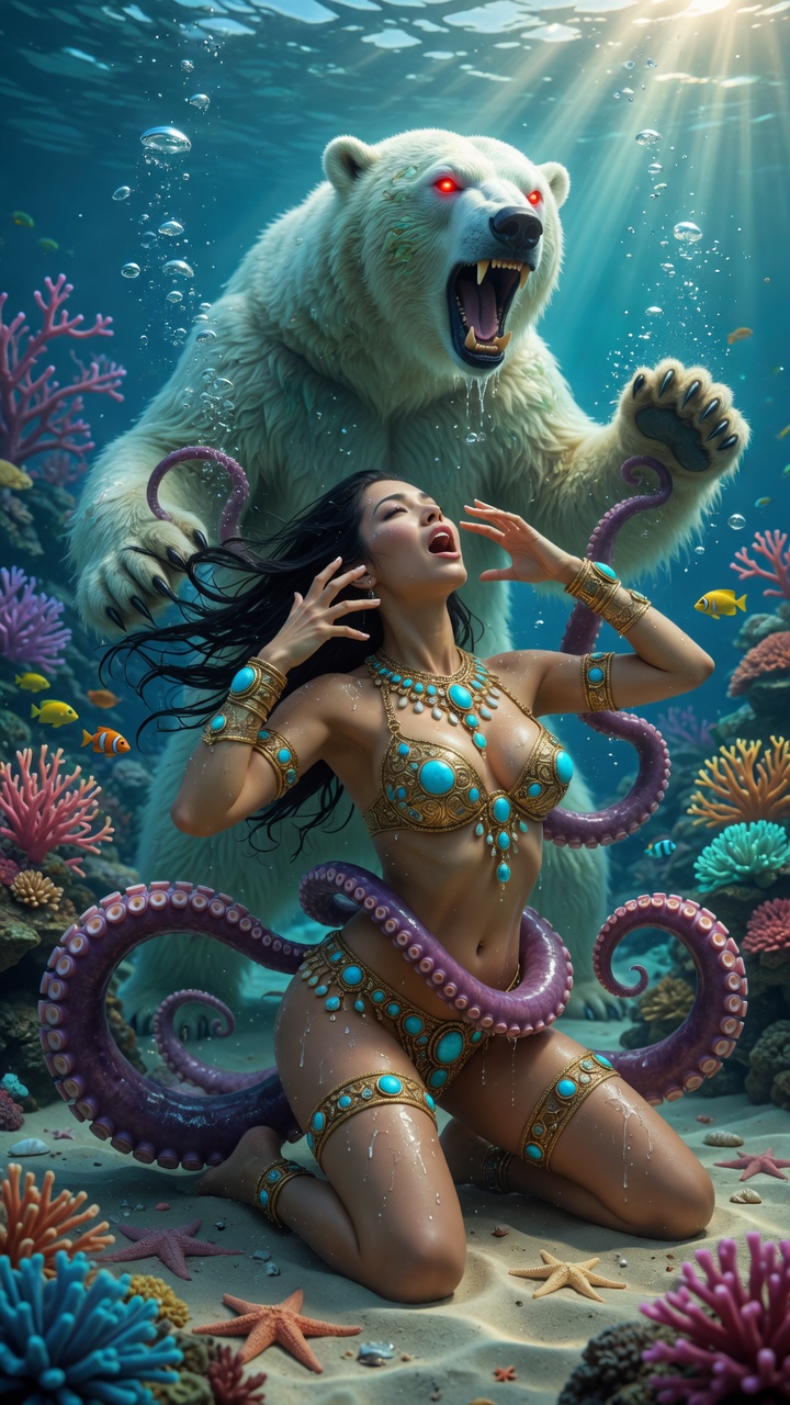 Dark Haired Beauty with Polar Bear and Tentacles Underwater