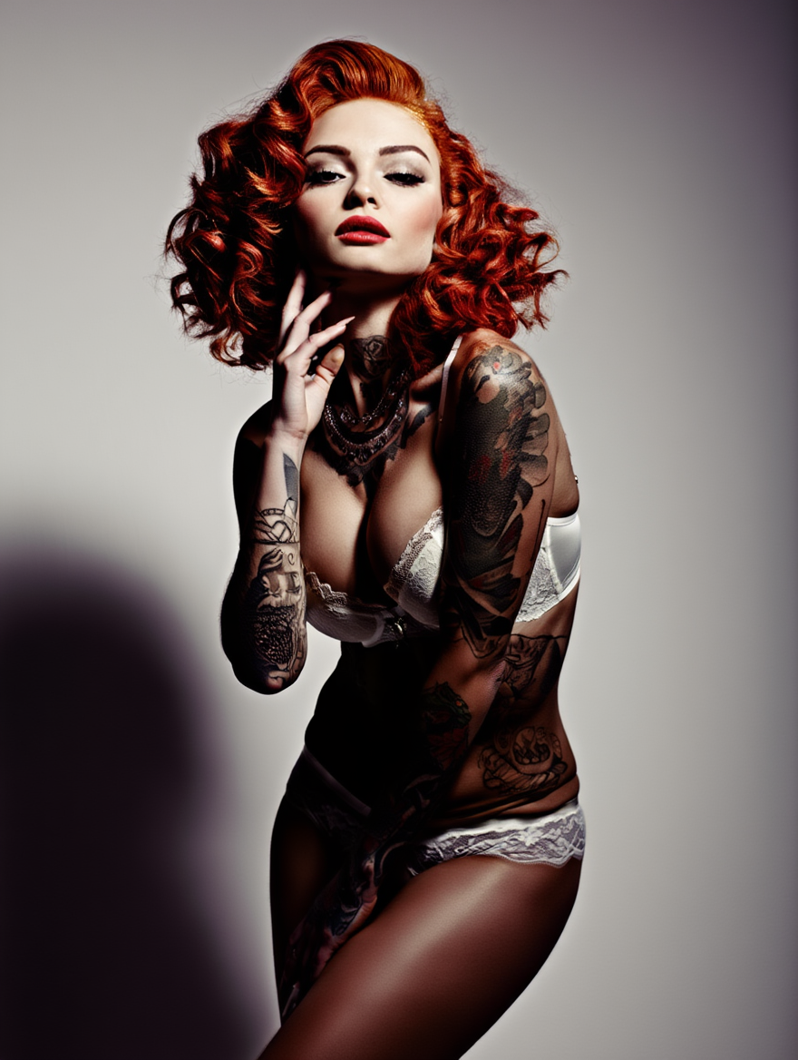 Tattooed Redhead Muse in Lingerie and Editorial Portraits