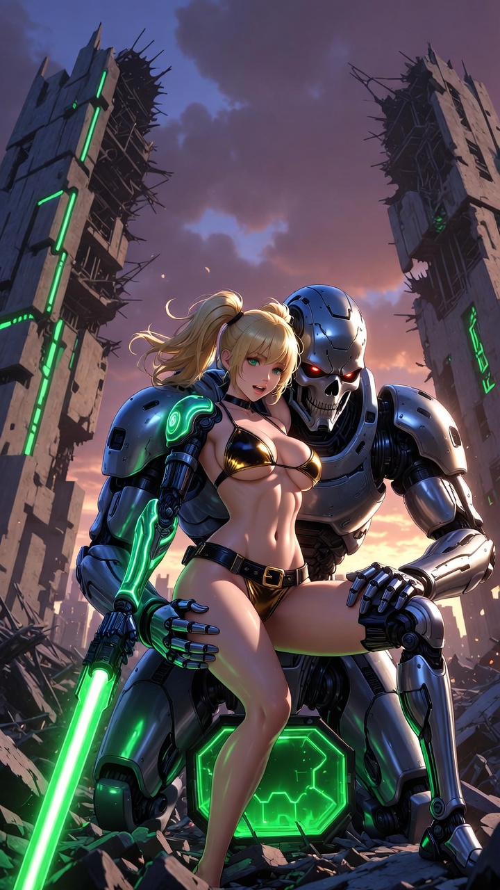 Seductive Blonde Cyborg and Neon Robot Guardian