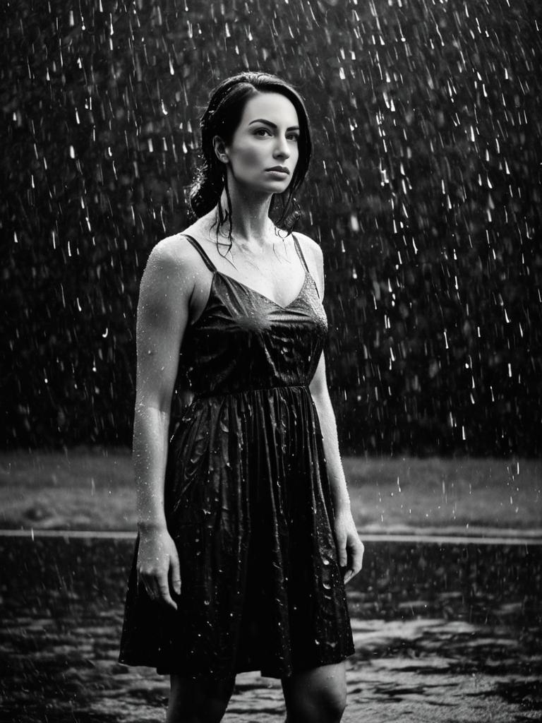 Brunette Drenched in Black Dress: Moody Rainy Night Portrait