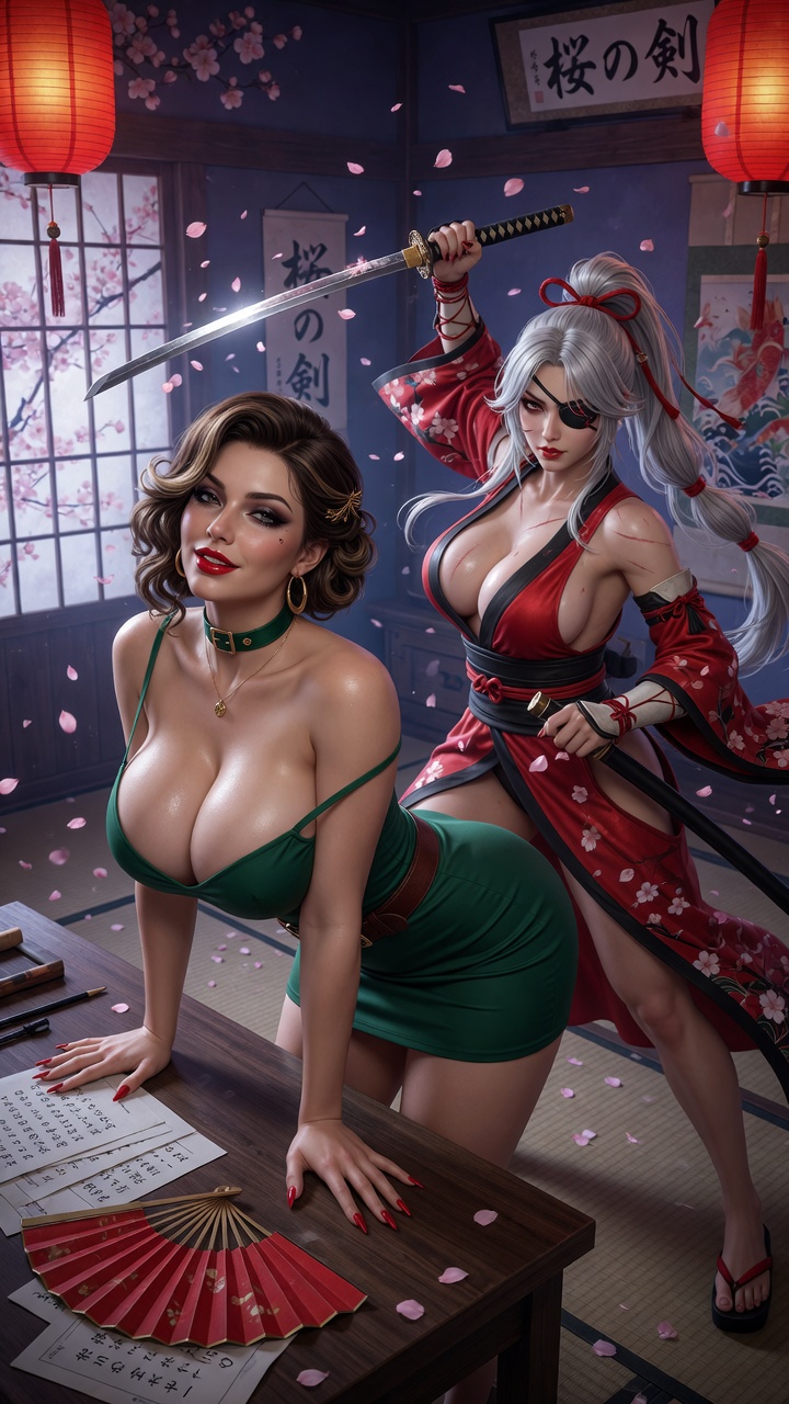 Voluptuous Brunette and Fierce Samurai Warrior