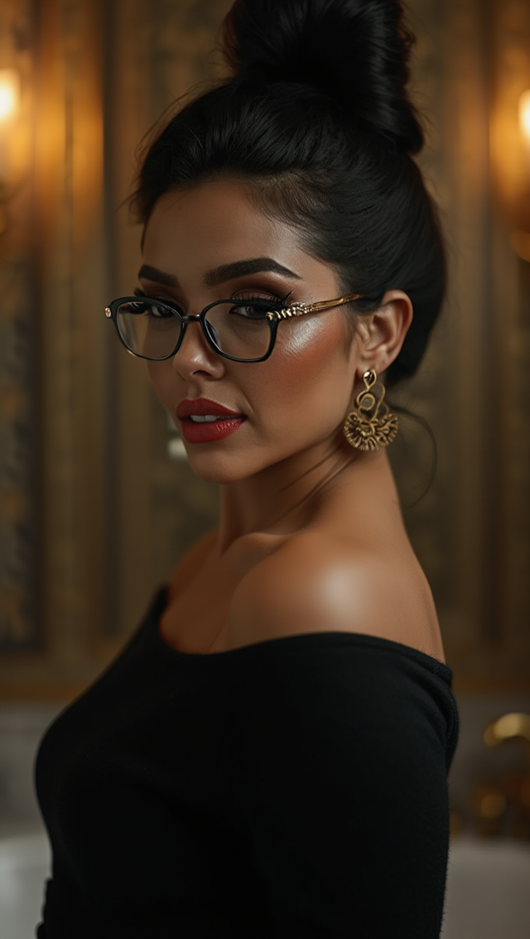 Seductive Elegance: Brunette in Leather Lingerie and Glasses